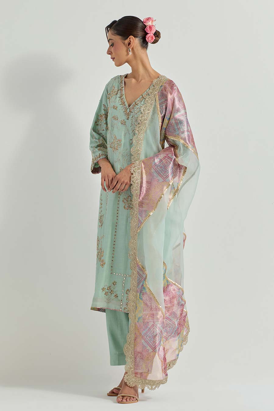 Raeth Sage Green Chanderi Embellished Kurta Set