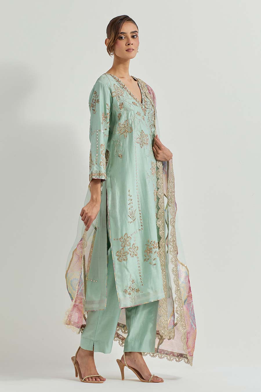 Raeth Sage Green Chanderi Embellished Kurta Set