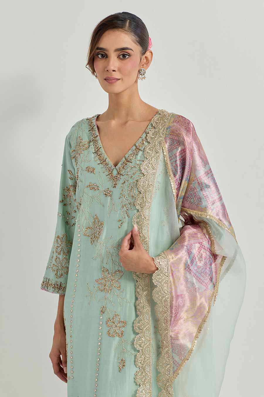 Raeth Sage Green Chanderi Embellished Kurta Set