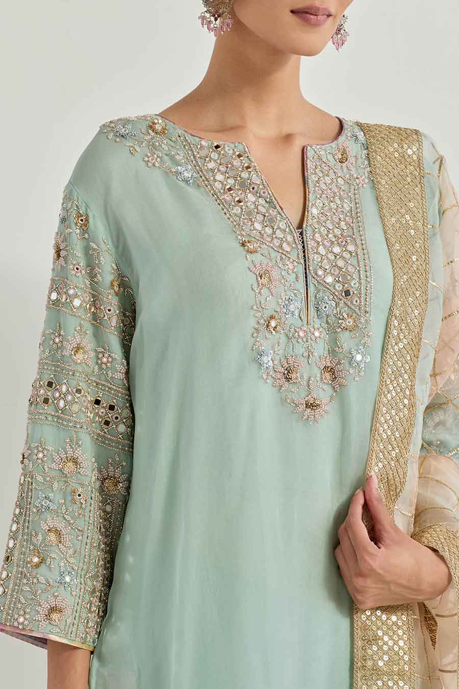 Shop Raeth Sage Green Organza Embellished Kurta Set by KAVITA BHARTIA ...