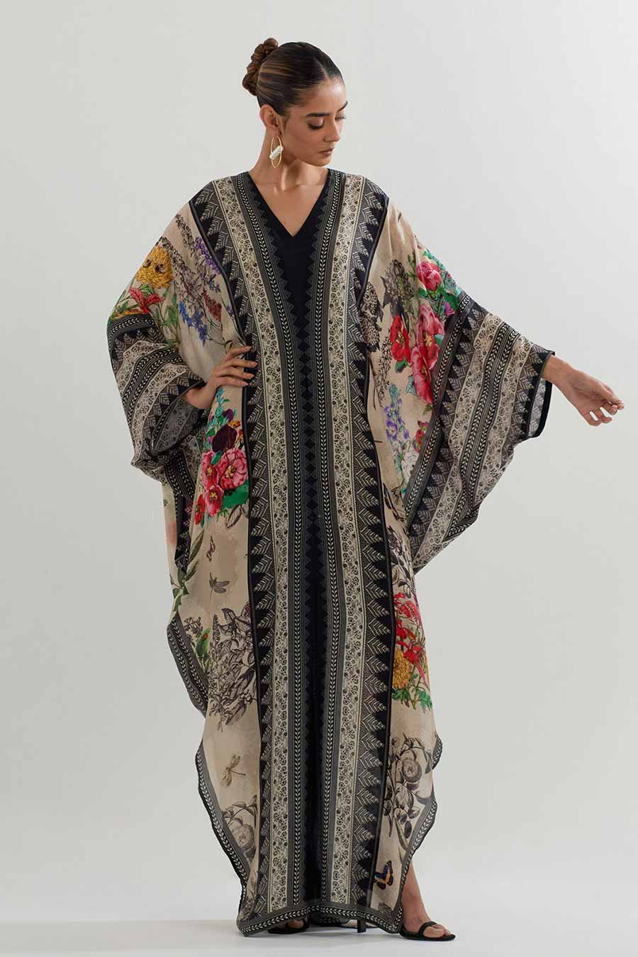 Botanical Print Silk Kaftan Dress