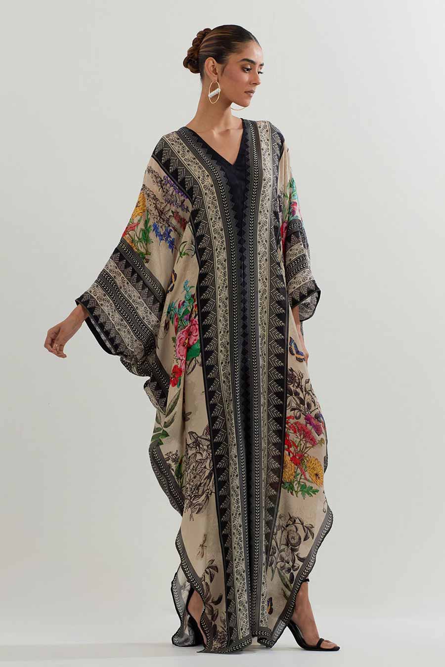 Botanical Print Silk Kaftan Dress