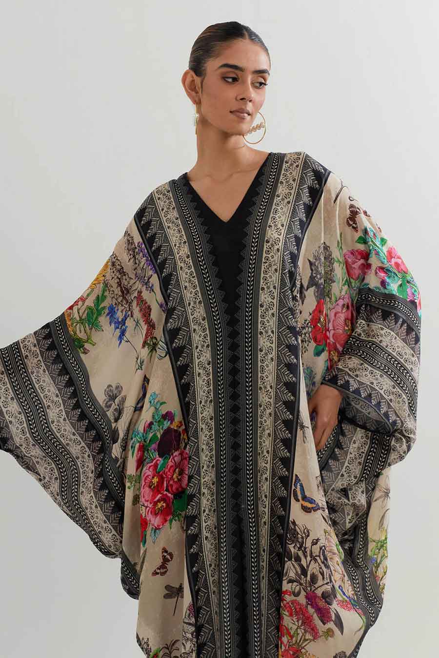 Botanical Print Silk Kaftan Dress