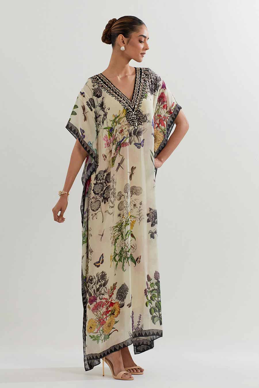 Botanical Print Georgette Kaftan Dress