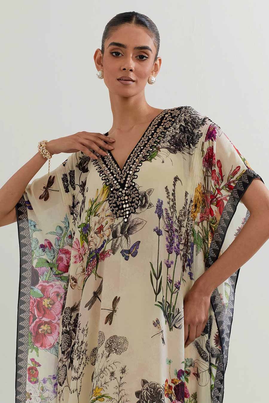 Botanical Print Georgette Kaftan Dress