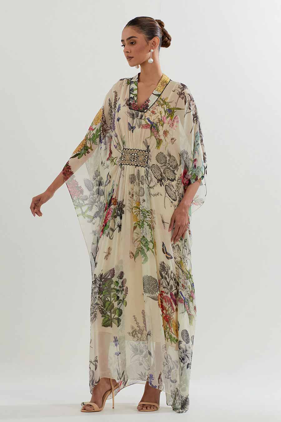 Botanical Printed & Embellished Long Kaftan Dress