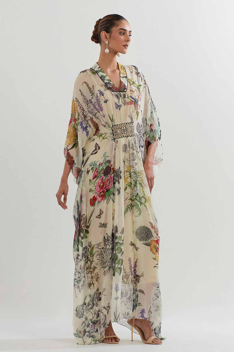 Botanical Printed & Embellished Long Kaftan Dress