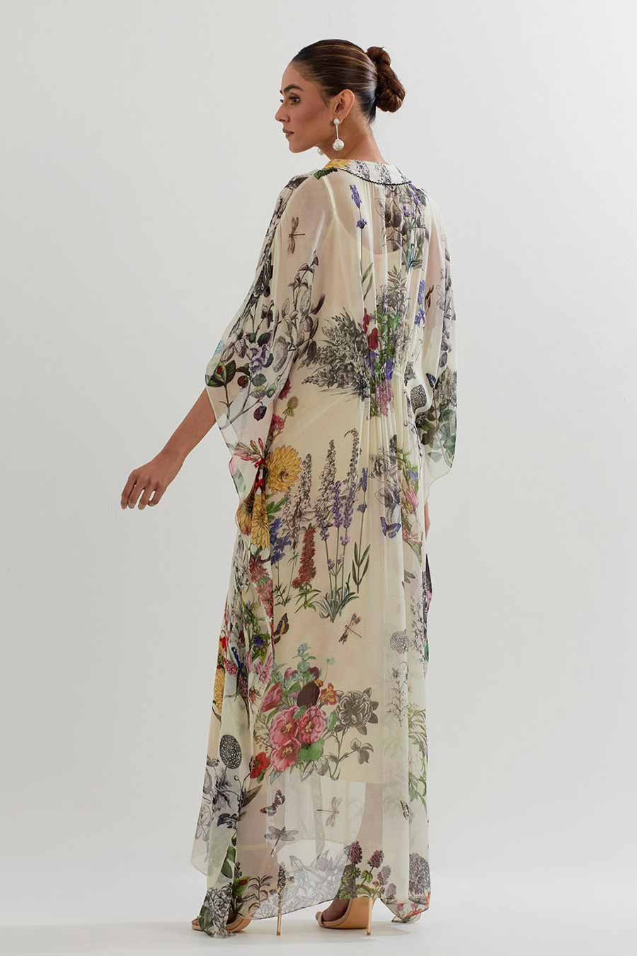 Botanical Printed & Embellished Long Kaftan Dress