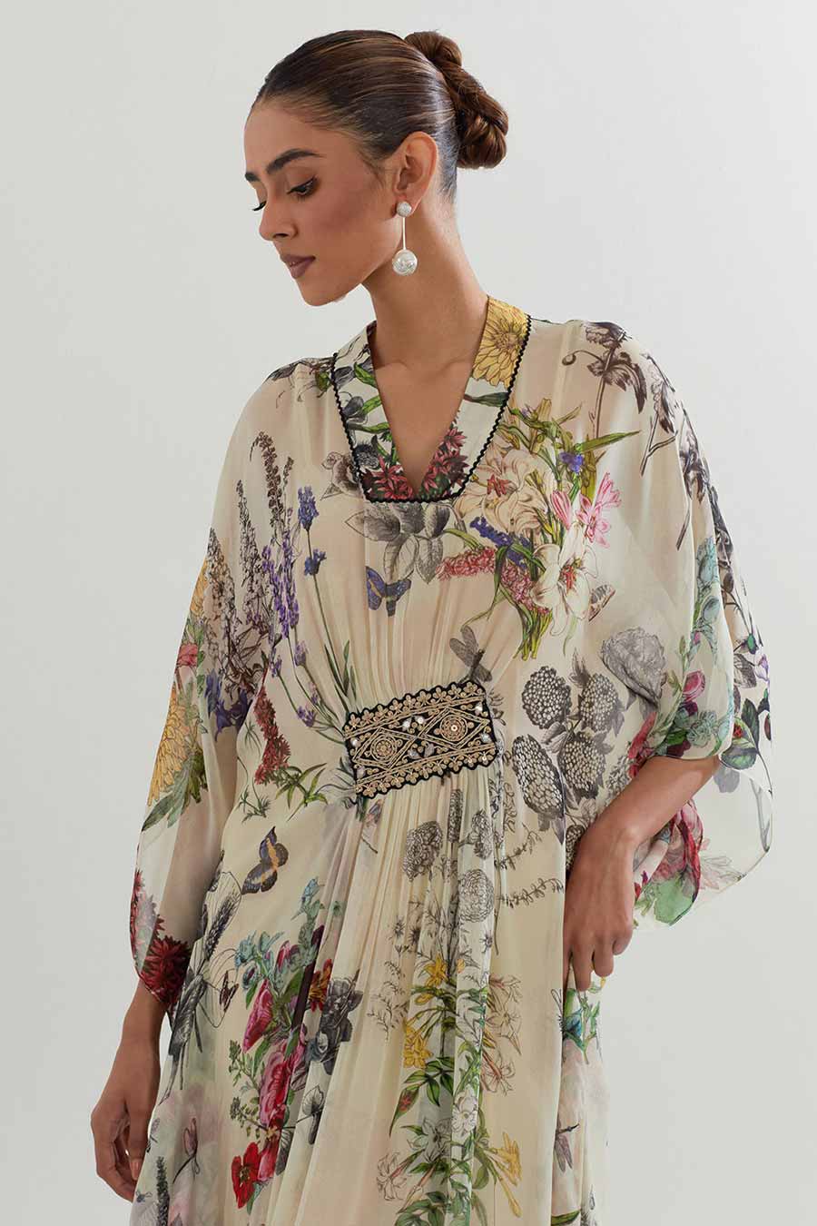 Botanical Printed & Embellished Long Kaftan Dress