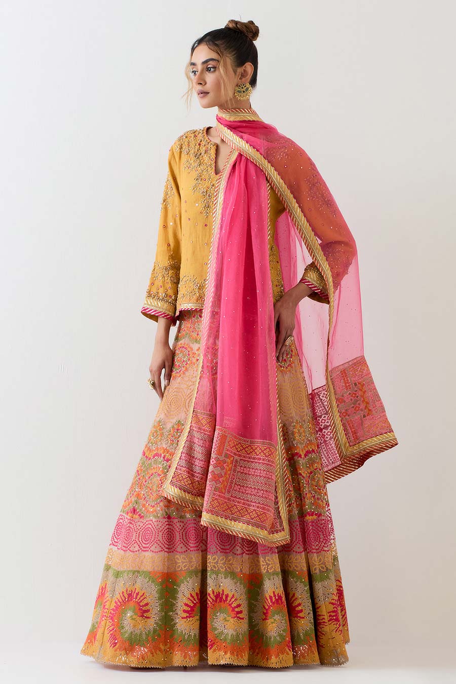 Yellow & Pink Hand Embellished Lehenga Set