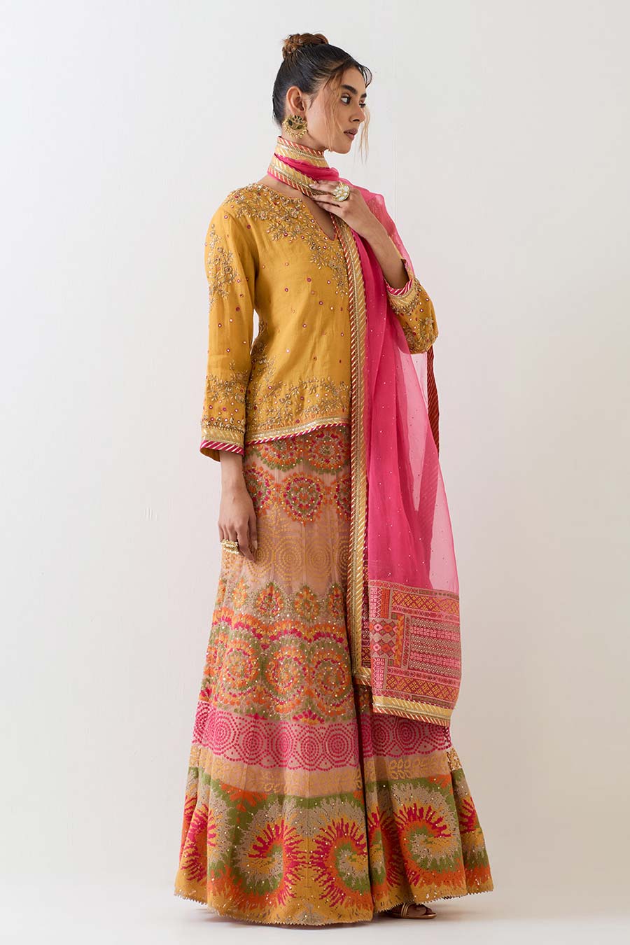 Yellow & Pink Hand Embellished Lehenga Set