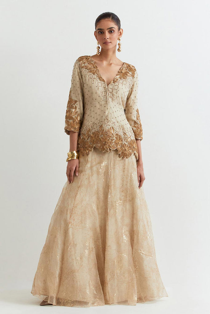 Shop Gold Rosa Embroidered Top Lehenga Skirt Set by KAVITA