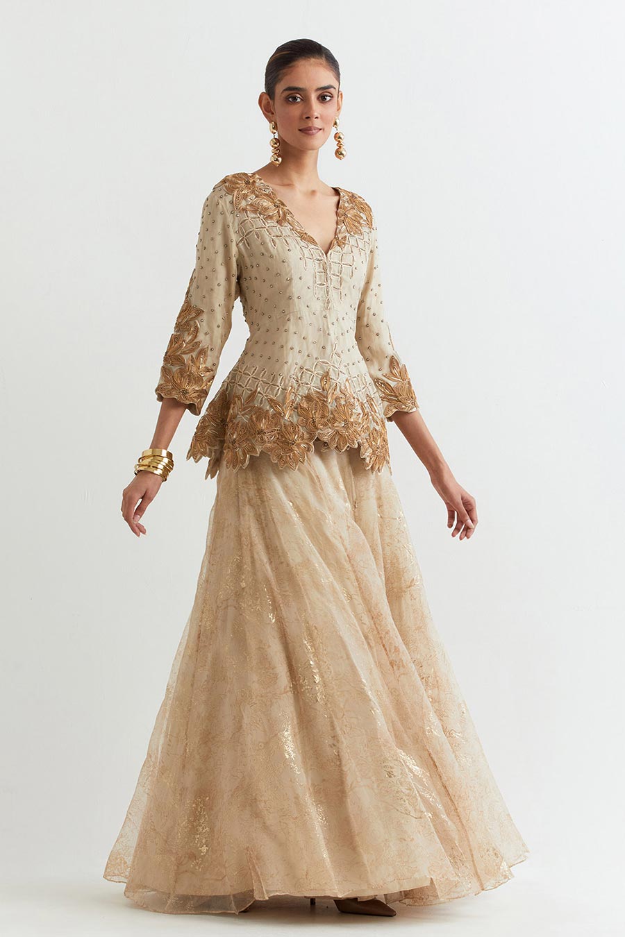 Gold Rosa Embroidered Top & Lehenga Skirt Set