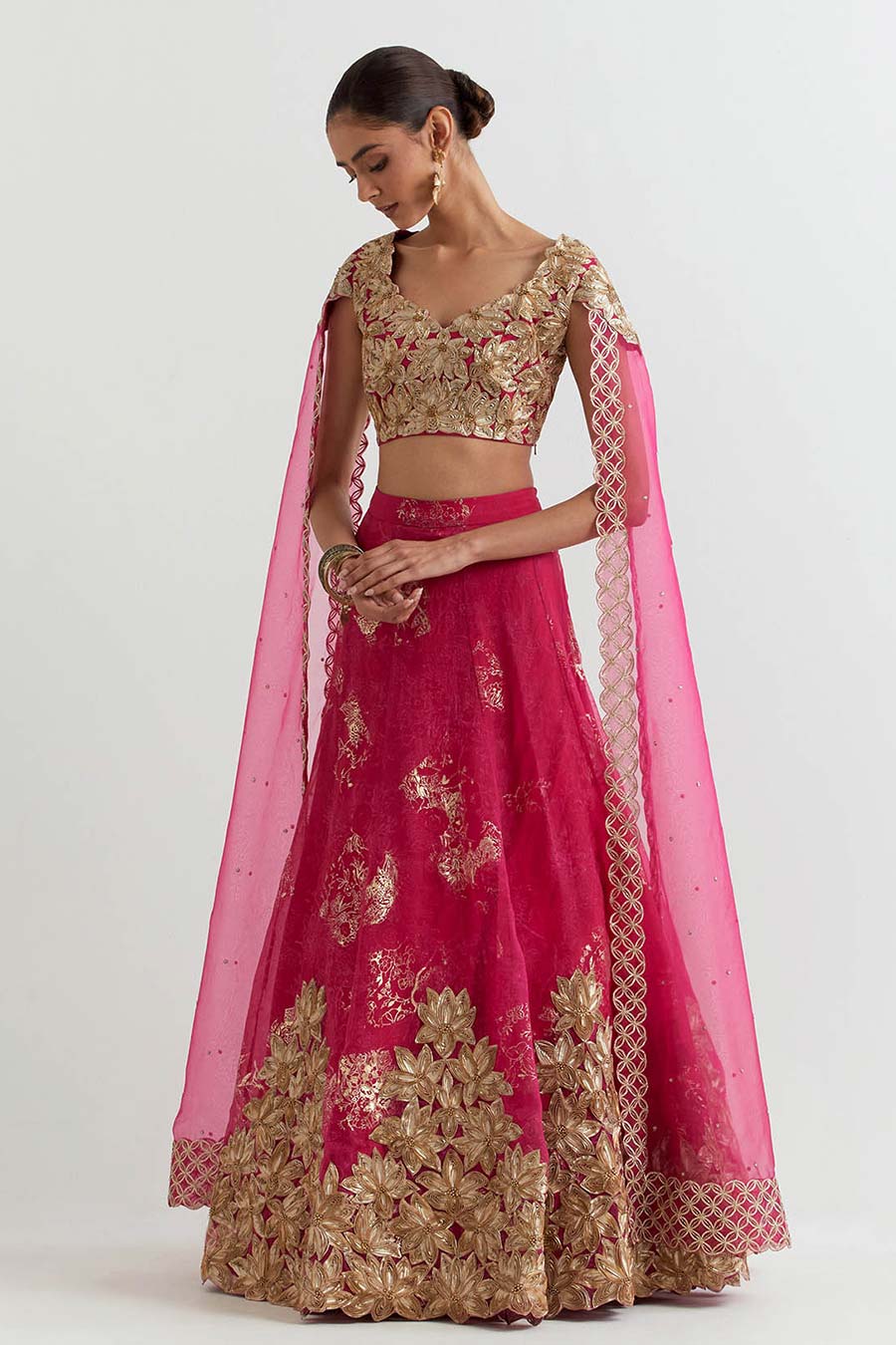 Fuchsia Embroidered Top and Lehenga Skirt Set