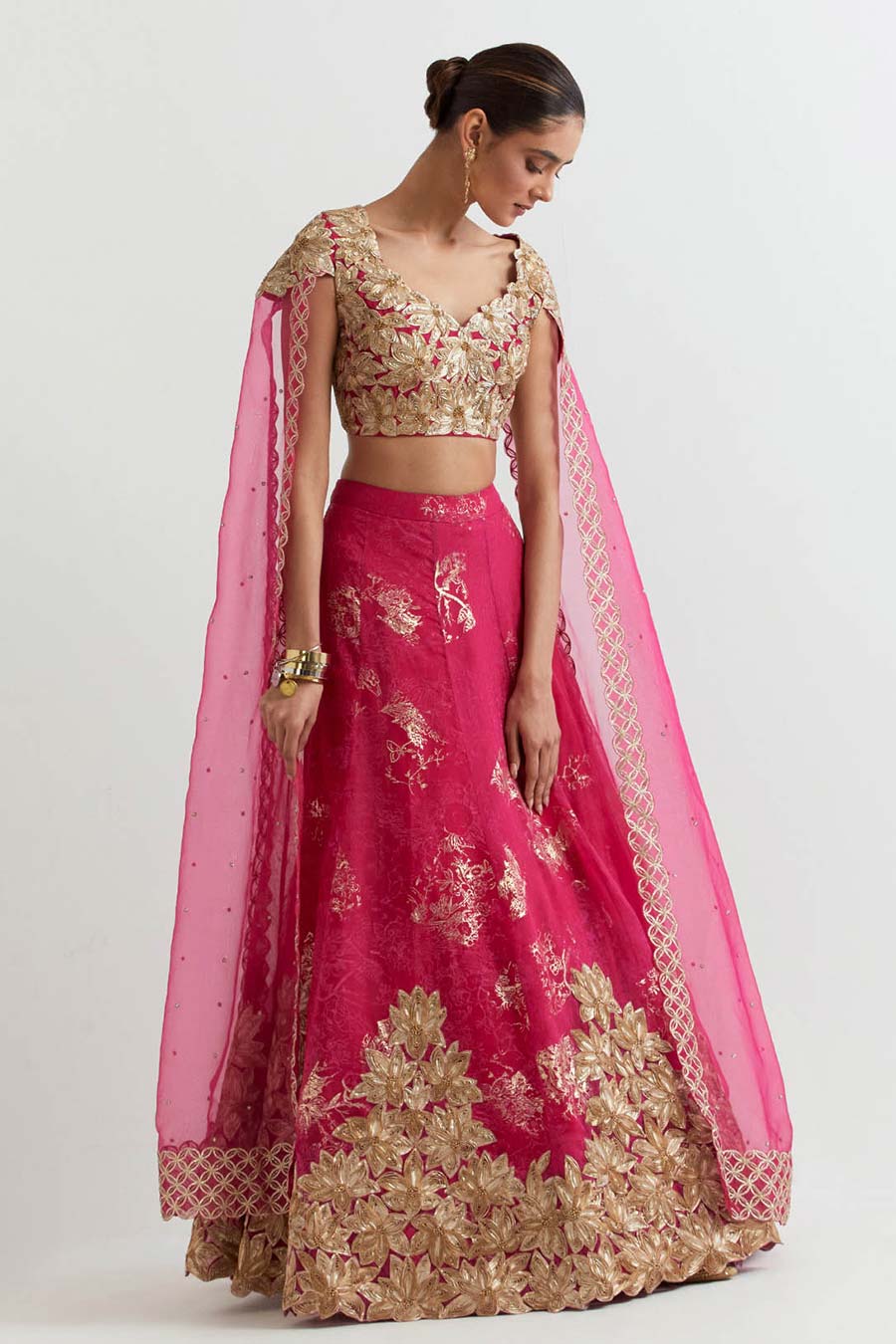 Fuchsia Embroidered Top and Lehenga Skirt Set