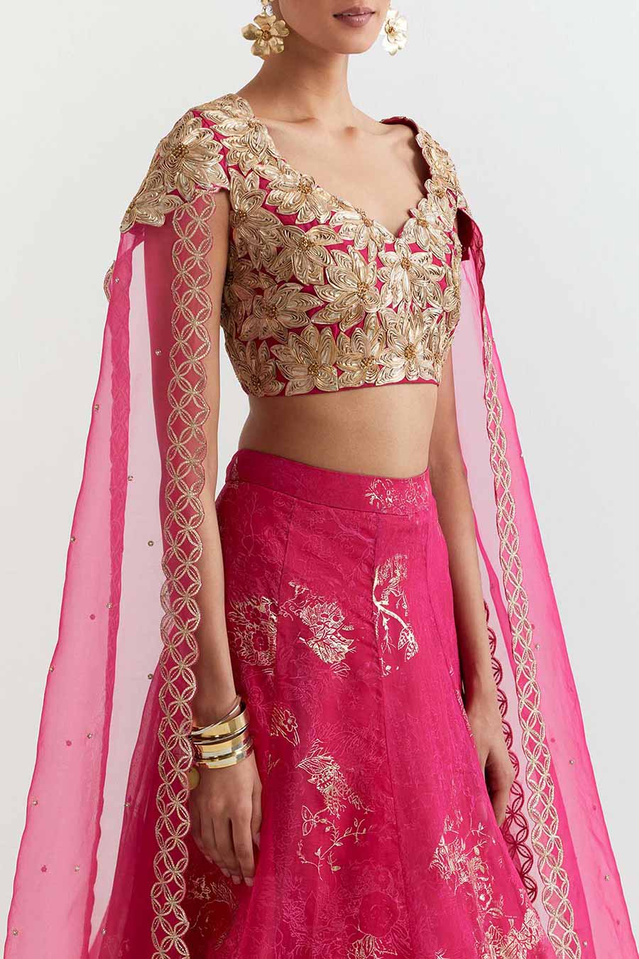 Fuchsia Embroidered Top and Lehenga Skirt Set