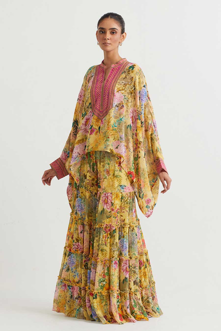 Yellow Printed Poncho Cape & Sharara Set