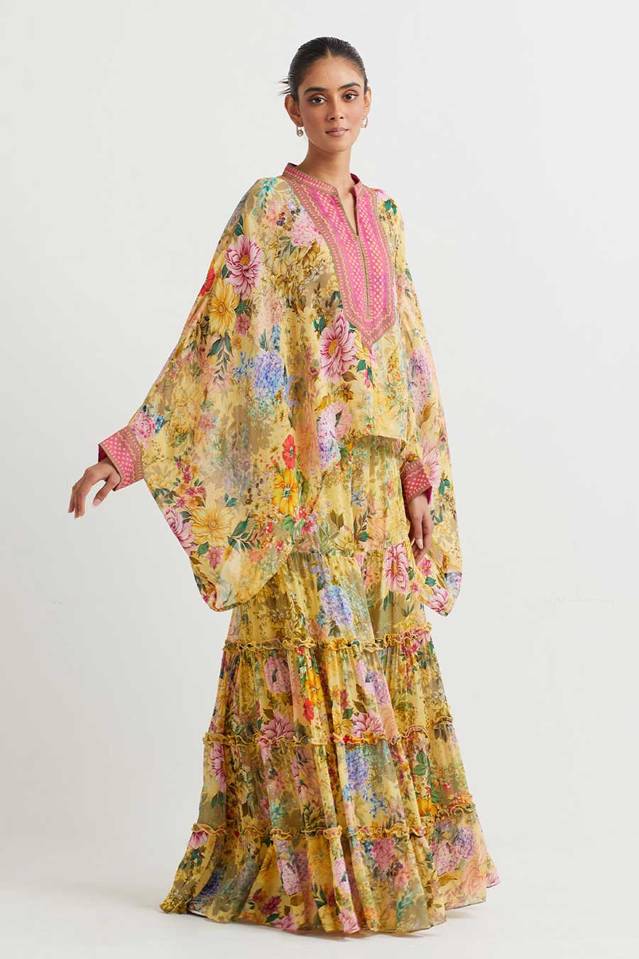 Yellow Printed Poncho Cape & Sharara Set