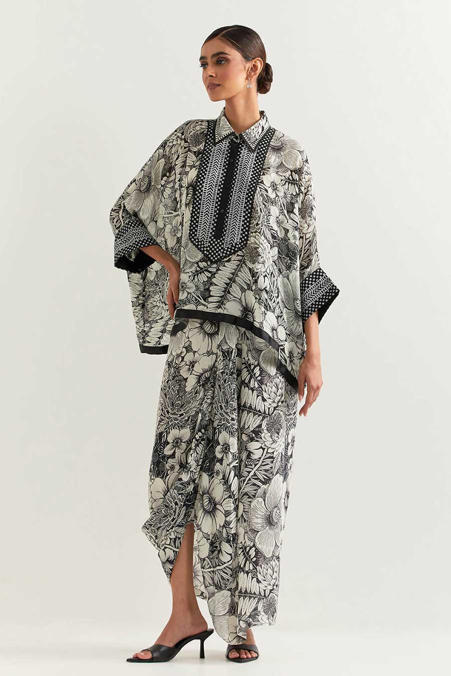 Black & White Printed Kaftan and Skirt Set