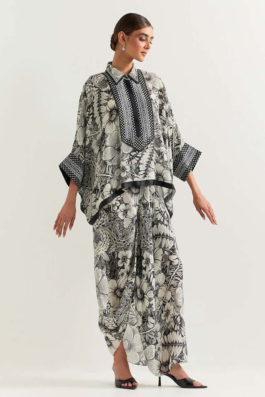 Black & White Printed Kaftan and Skirt Set