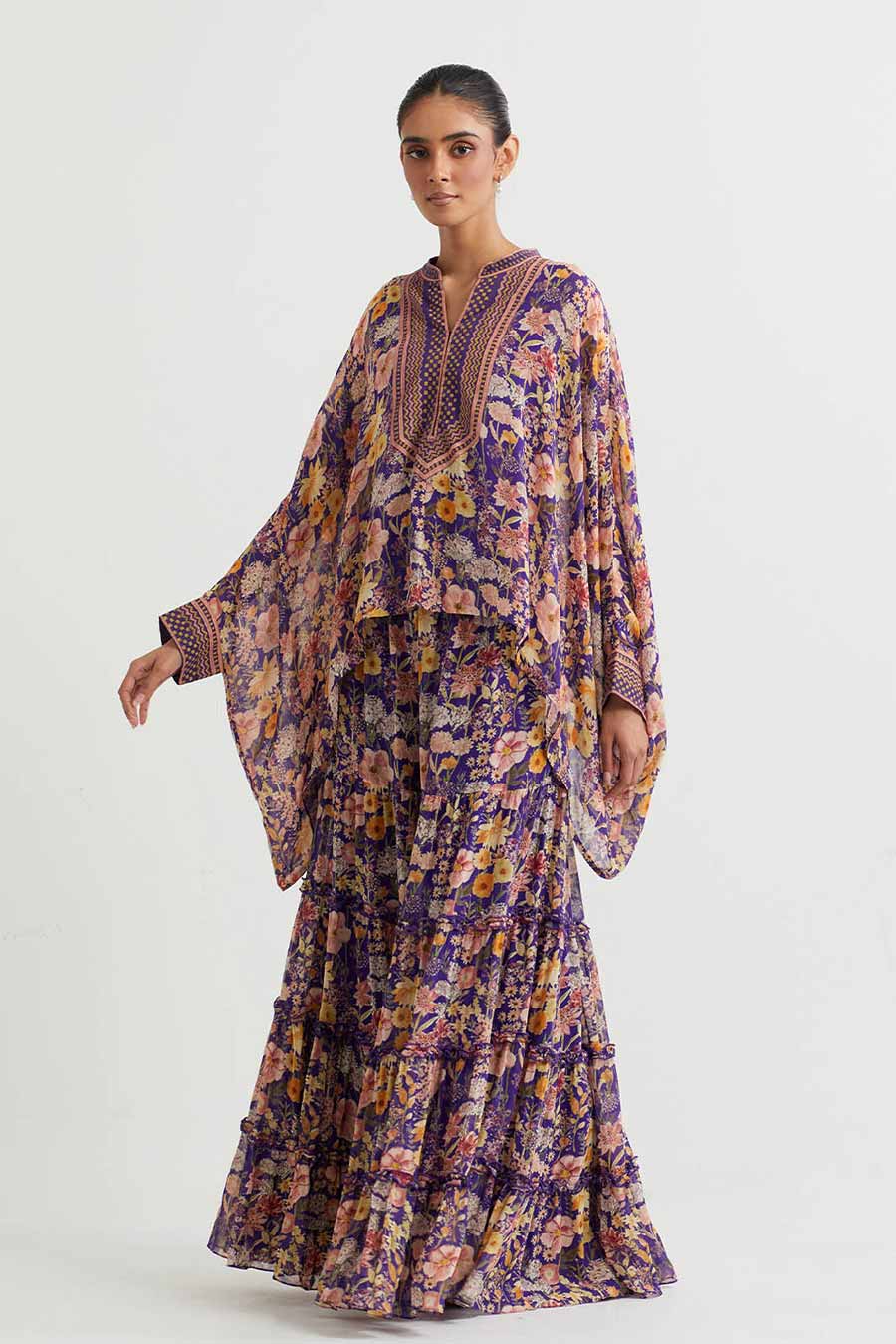 Purple Printed Poncho Cape & Sharara Set