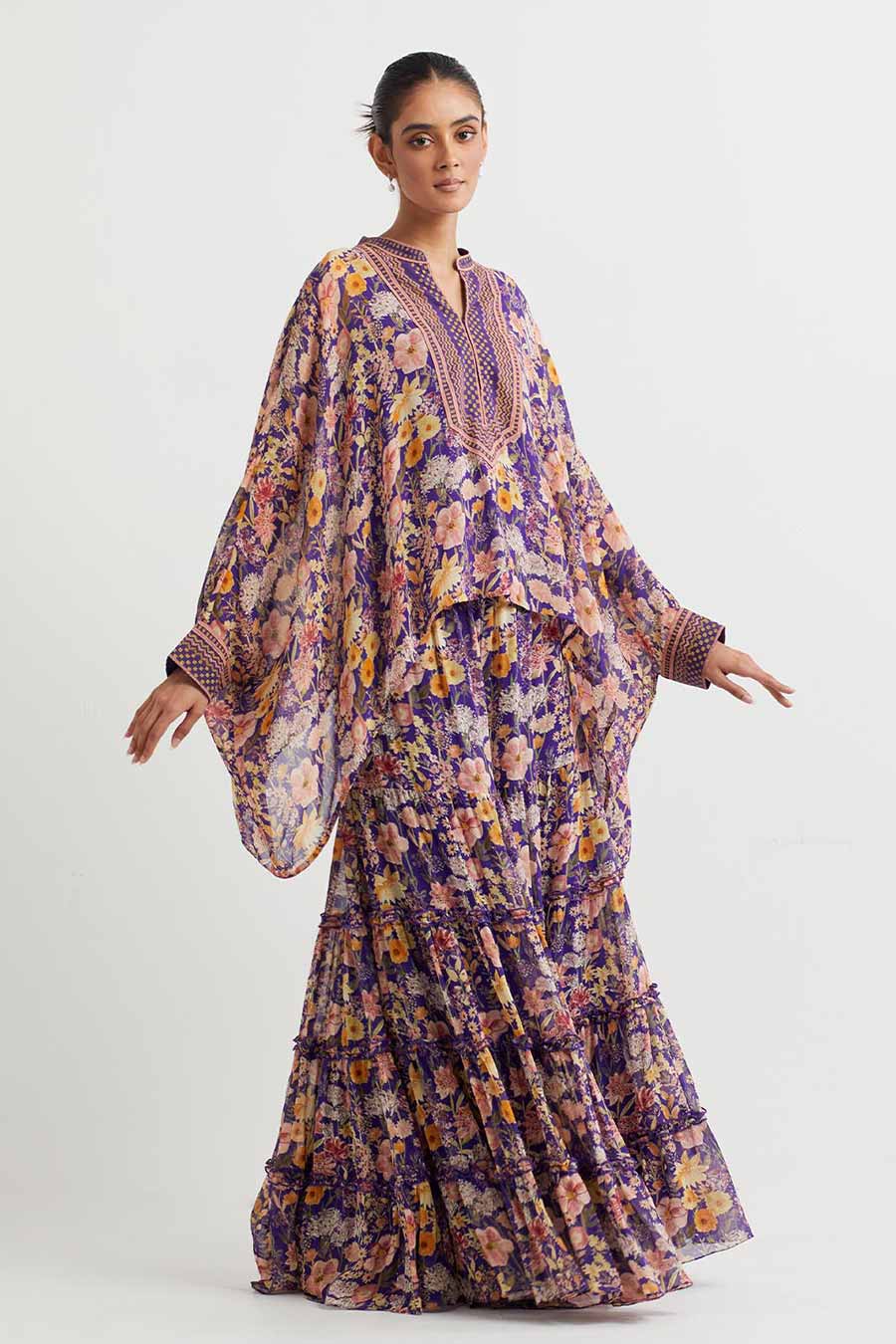 Purple Printed Poncho Cape & Sharara Set