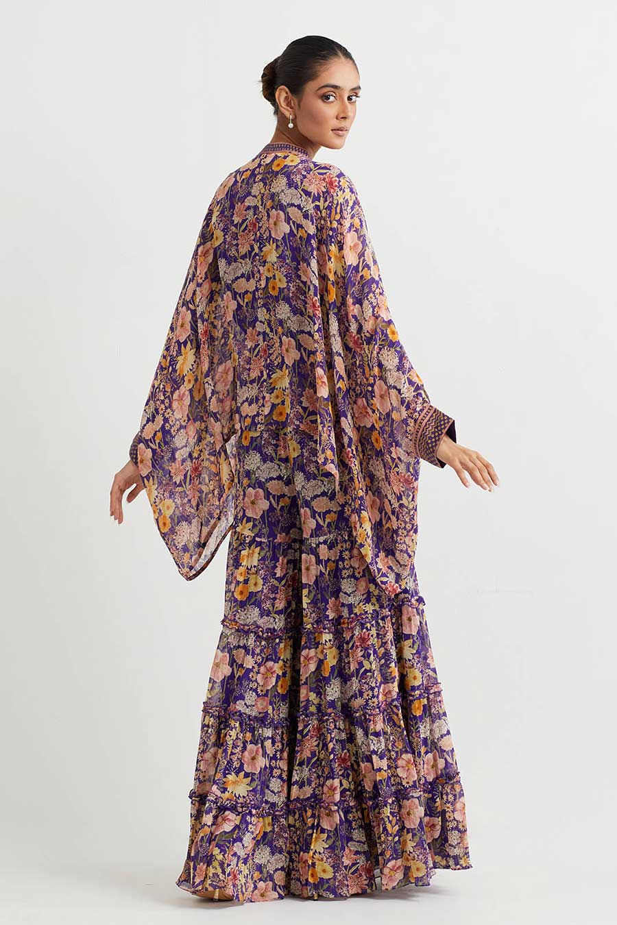 Purple Printed Poncho Cape & Sharara Set