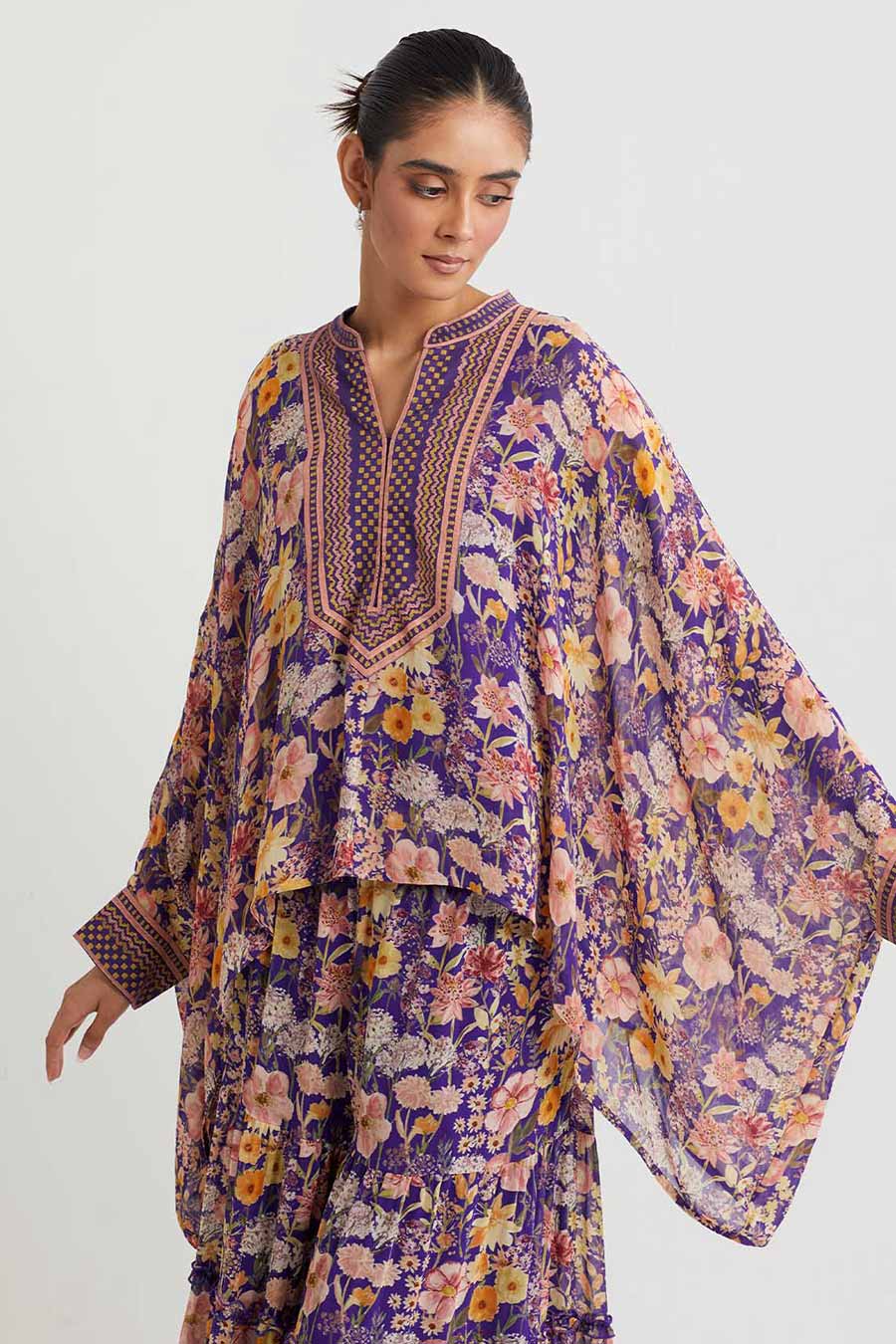 Purple Printed Poncho Cape & Sharara Set