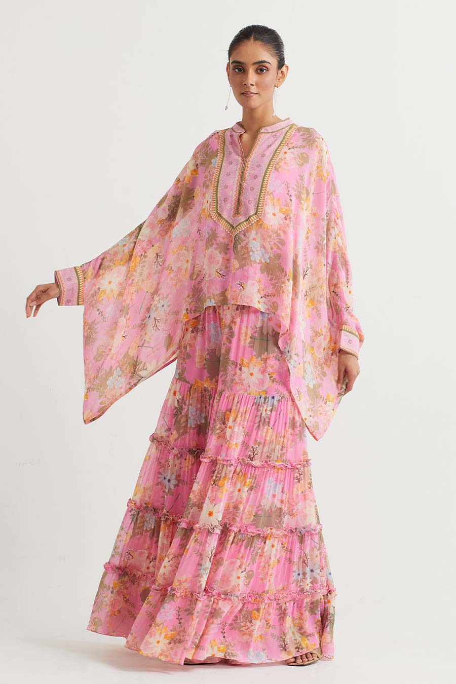 Pink Printed Poncho Cape & Sharara Set