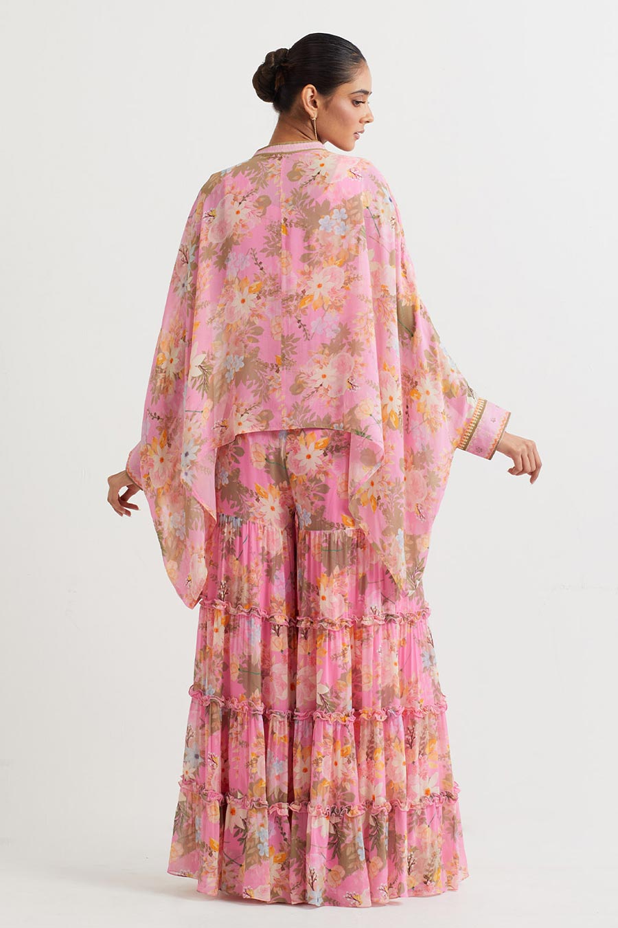 Pink Printed Poncho Cape & Sharara Set