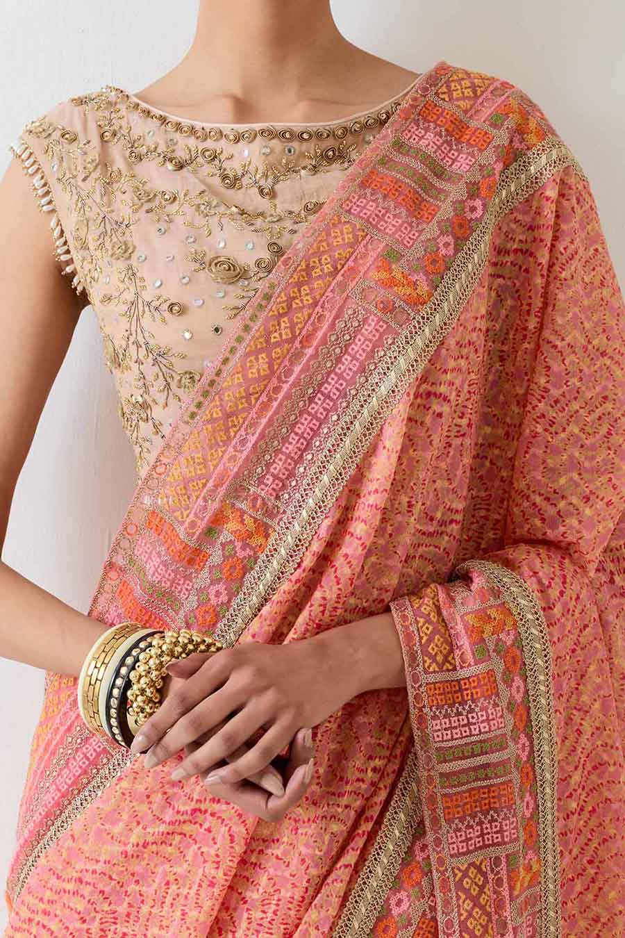 Orange Silk Jacquard Saree & Embellished Blouse Set