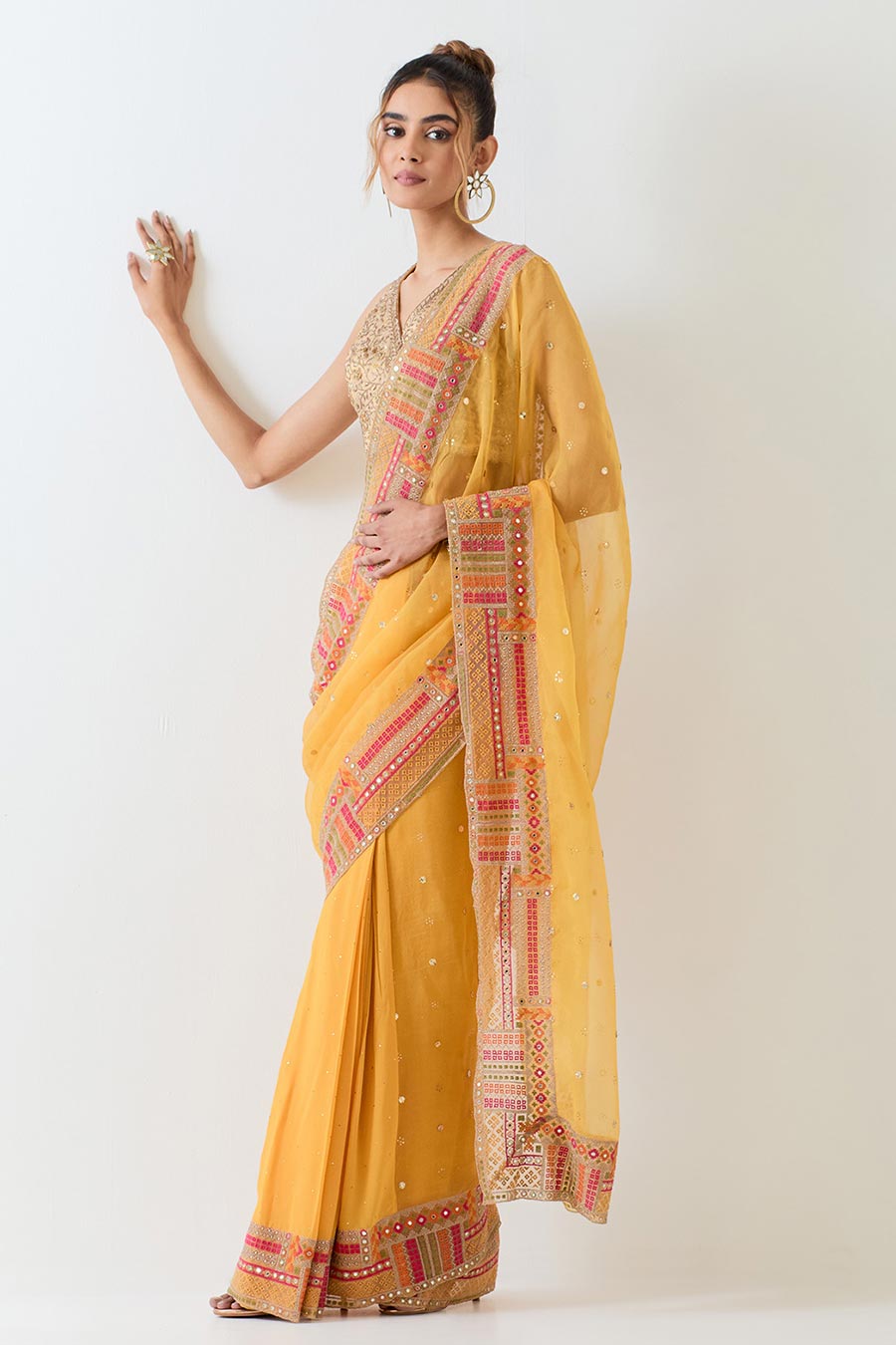 Yellow Georgette Embellished Saree & Blouse Set