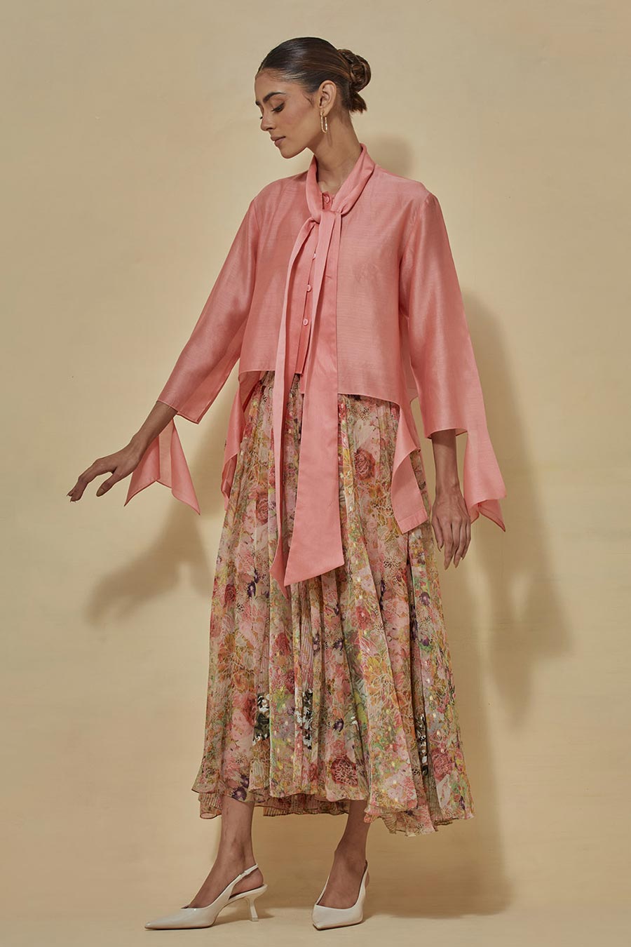 Coral Chanderi Shirt With Printed Chiffon Skirt