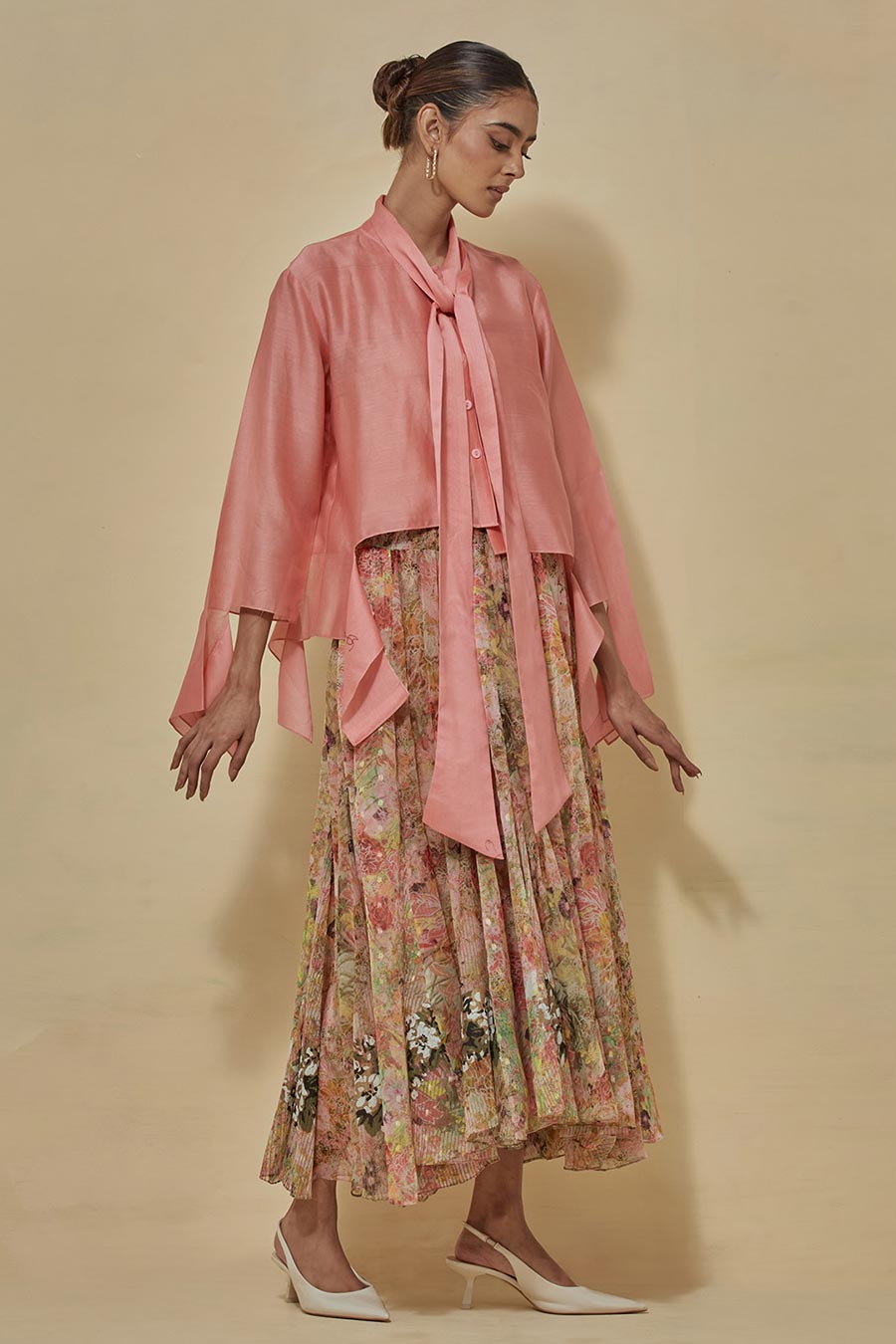 Coral Chanderi Shirt With Printed Chiffon Skirt