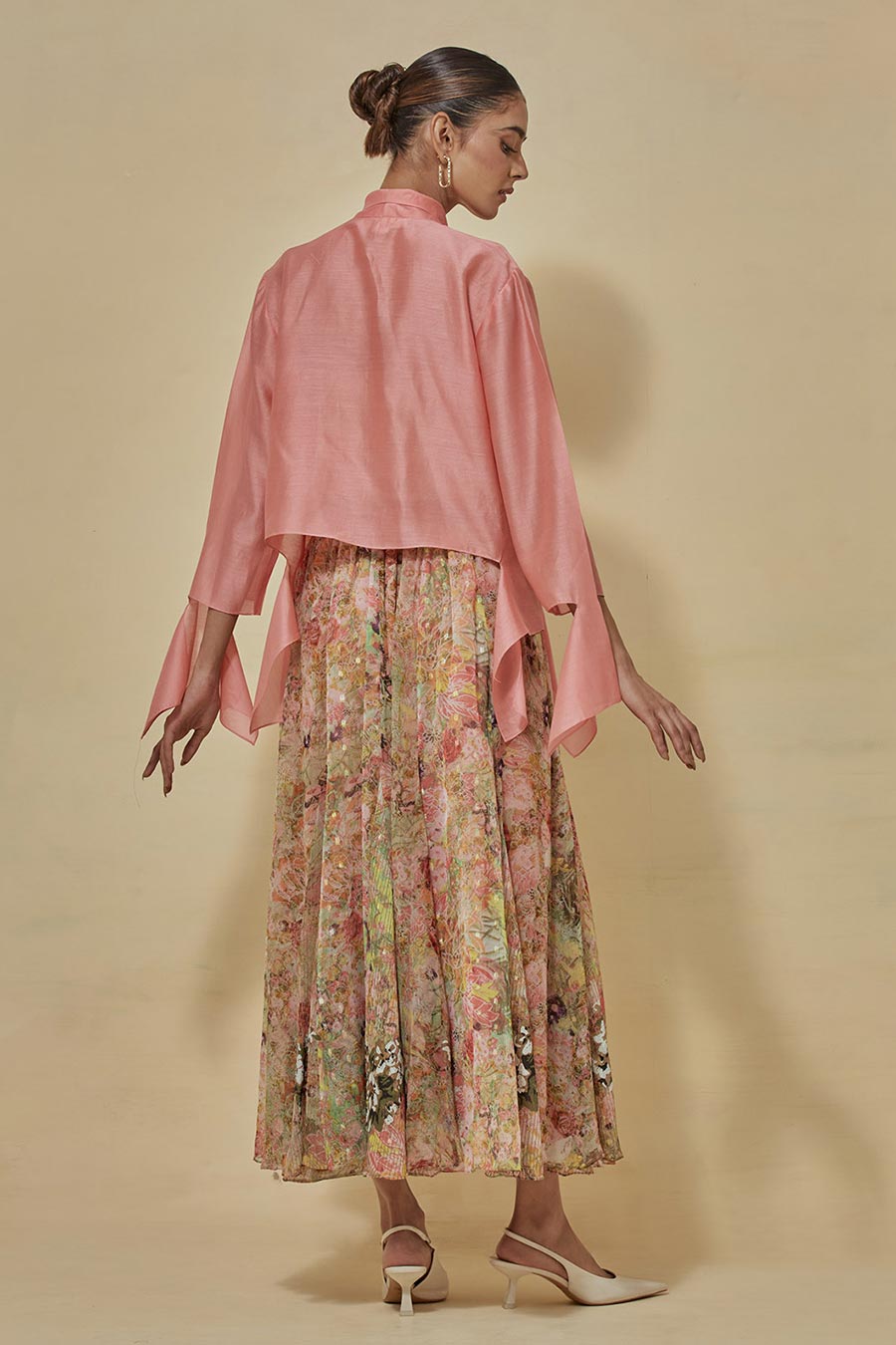 Coral Chanderi Shirt With Printed Chiffon Skirt