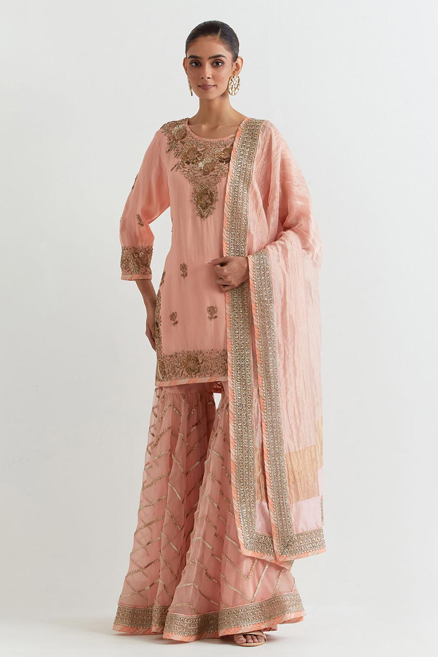 Peachy Pink Chevron Embroidered Sharara Set