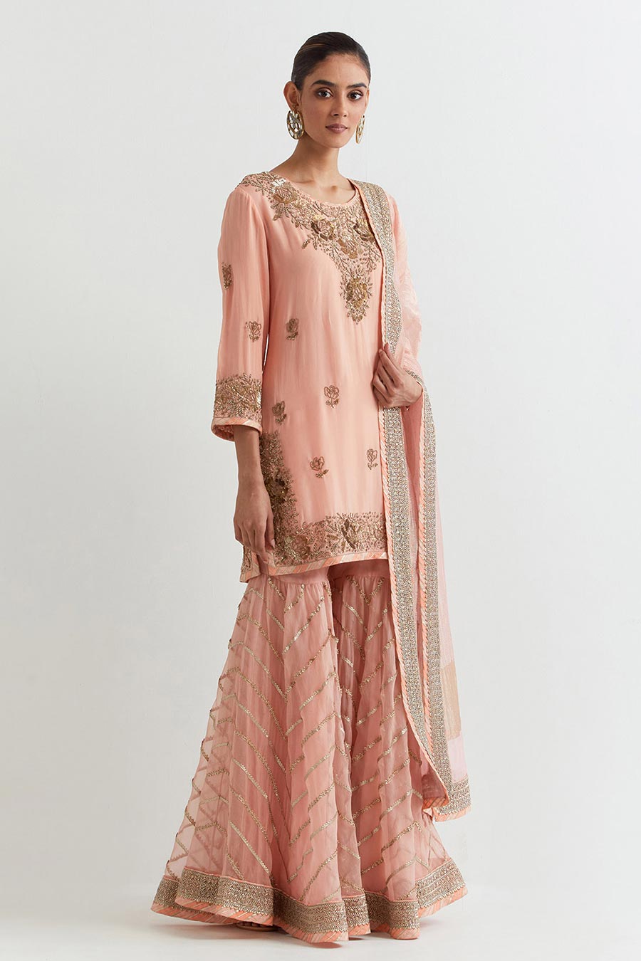 Peachy Pink Chevron Embroidered Sharara Set