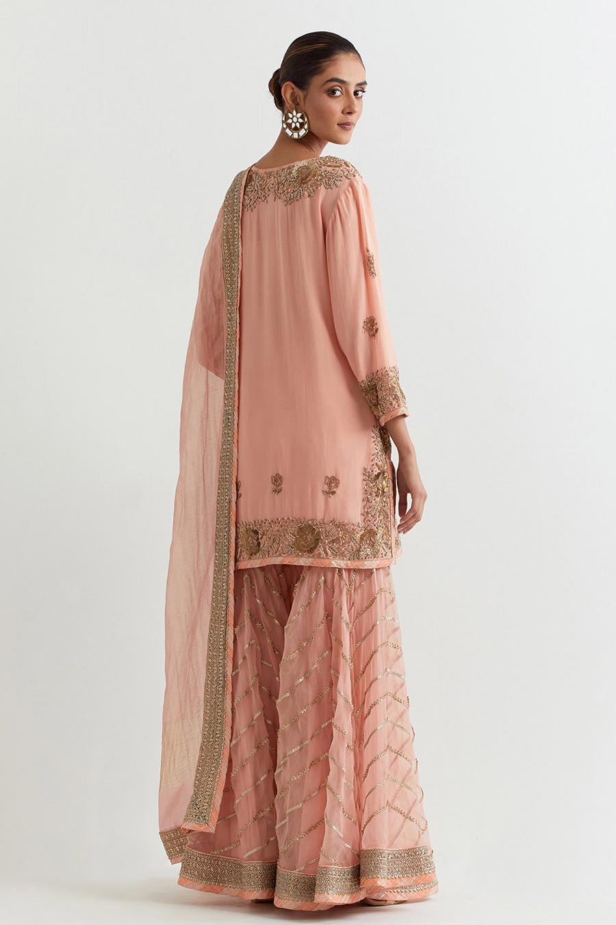 Peachy Pink Chevron Embroidered Sharara Set