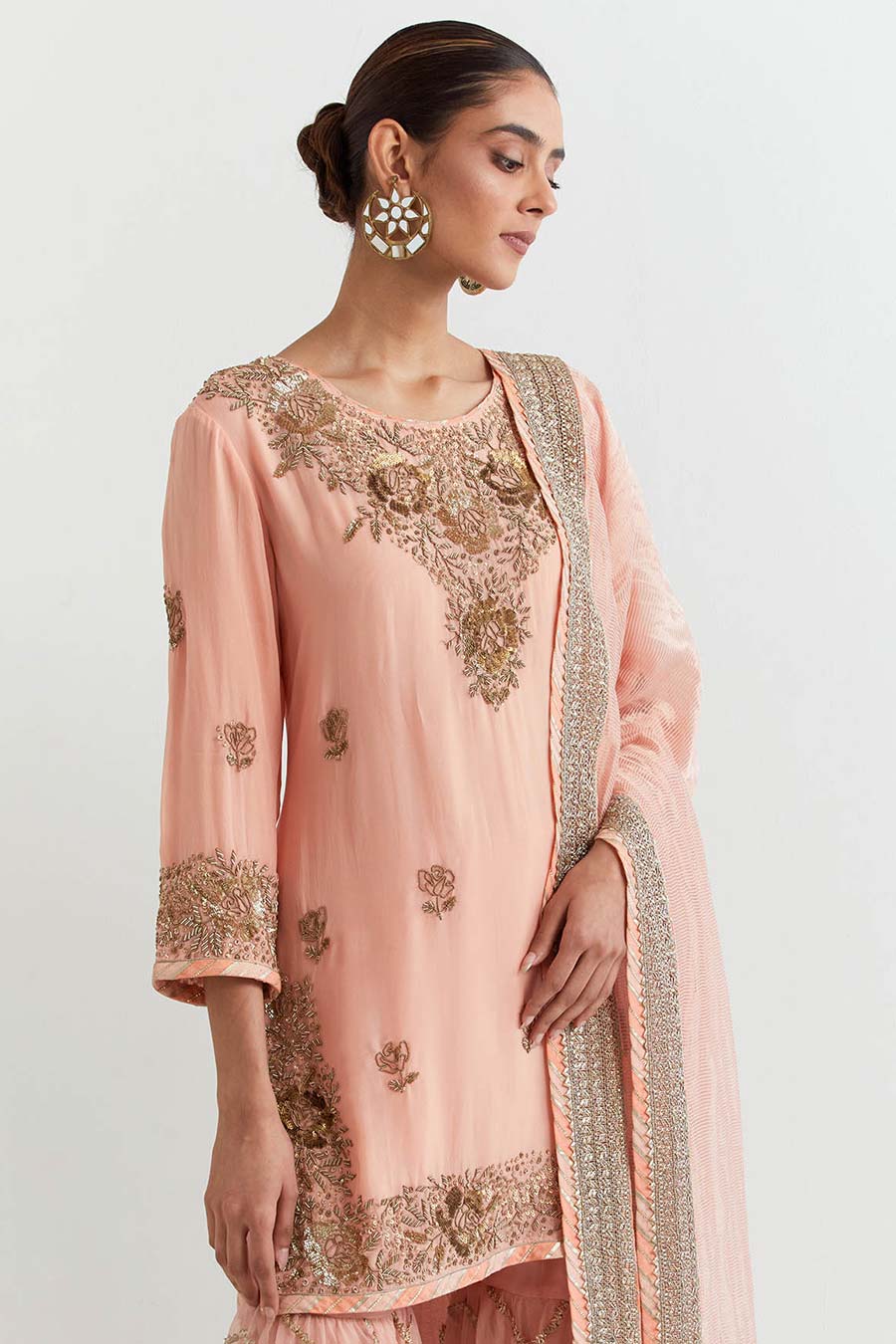 Peachy Pink Chevron Embroidered Sharara Set