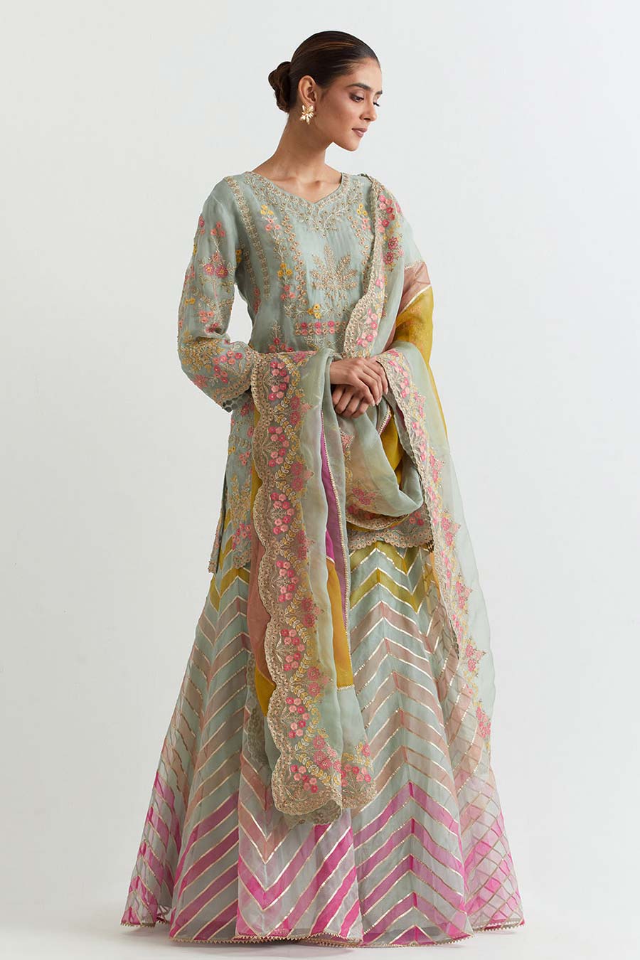 Sage Chevron Embroidered Sharara Set