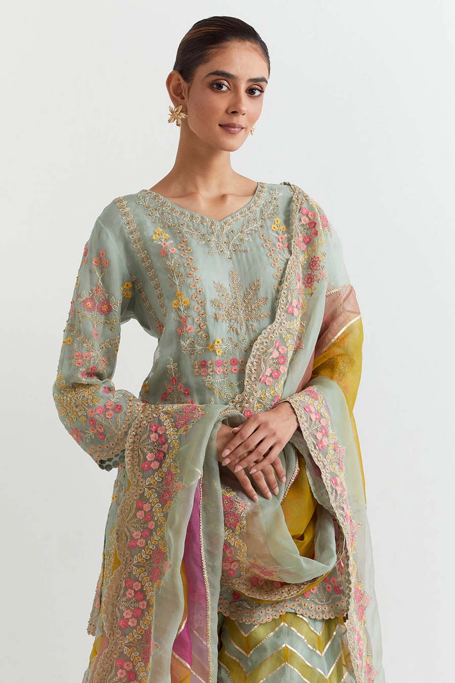 Sage Chevron Embroidered Sharara Set