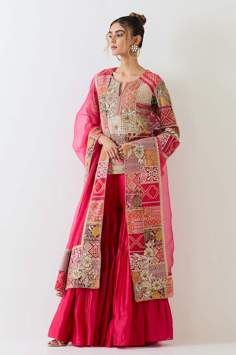 Fuchsia Hand Embroidered Patchwork Sharara Set