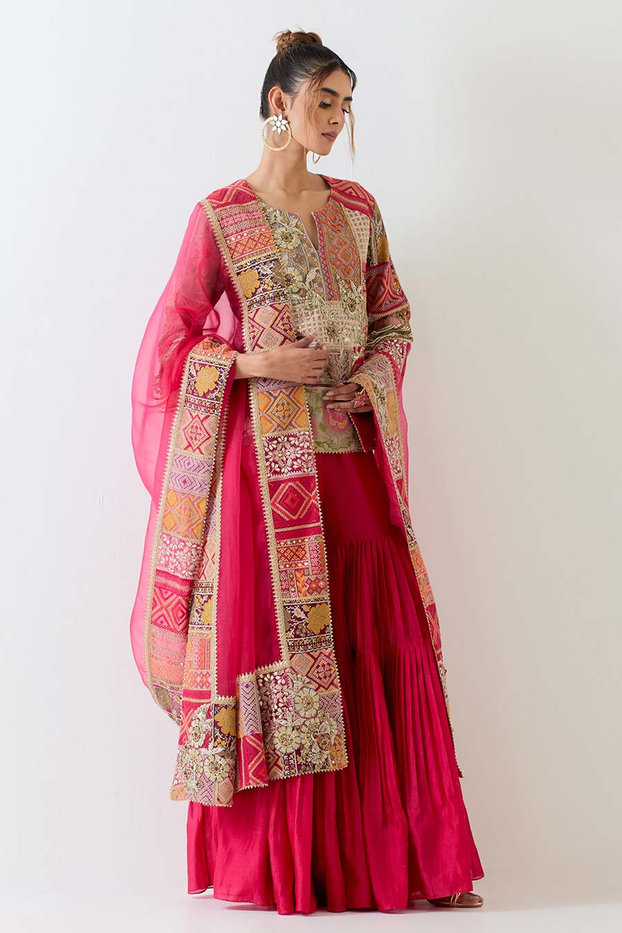 Fuchsia Hand Embroidered Patchwork Sharara Set