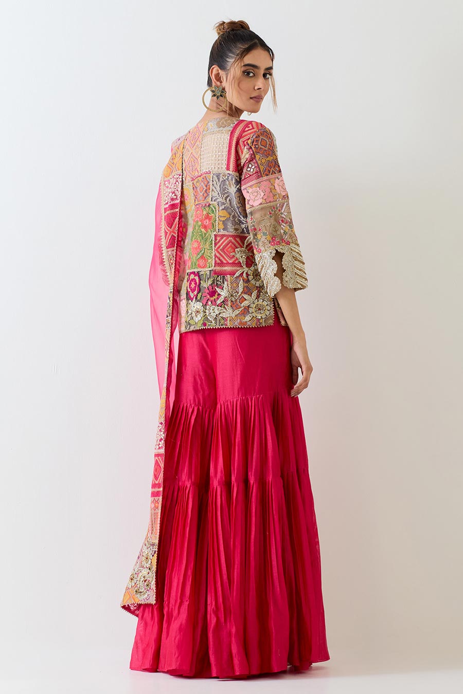 Fuchsia Hand Embroidered Patchwork Sharara Set