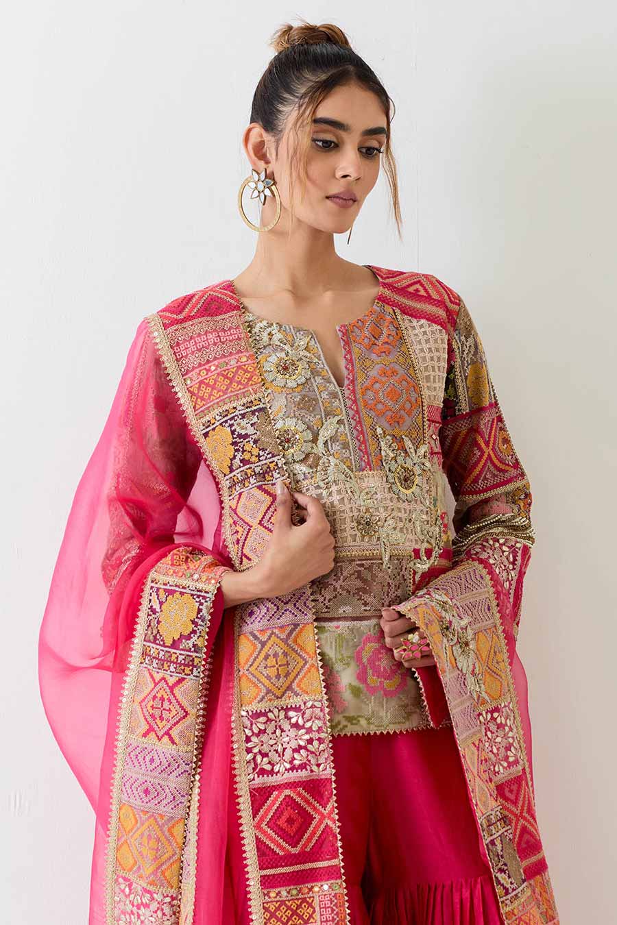 Fuchsia Hand Embroidered Patchwork Sharara Set