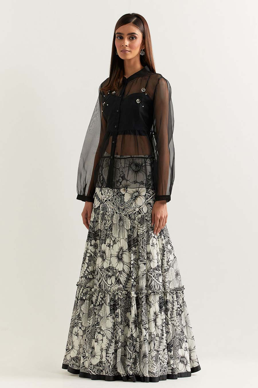 Black Embellished Organza Top With Printed Skirt