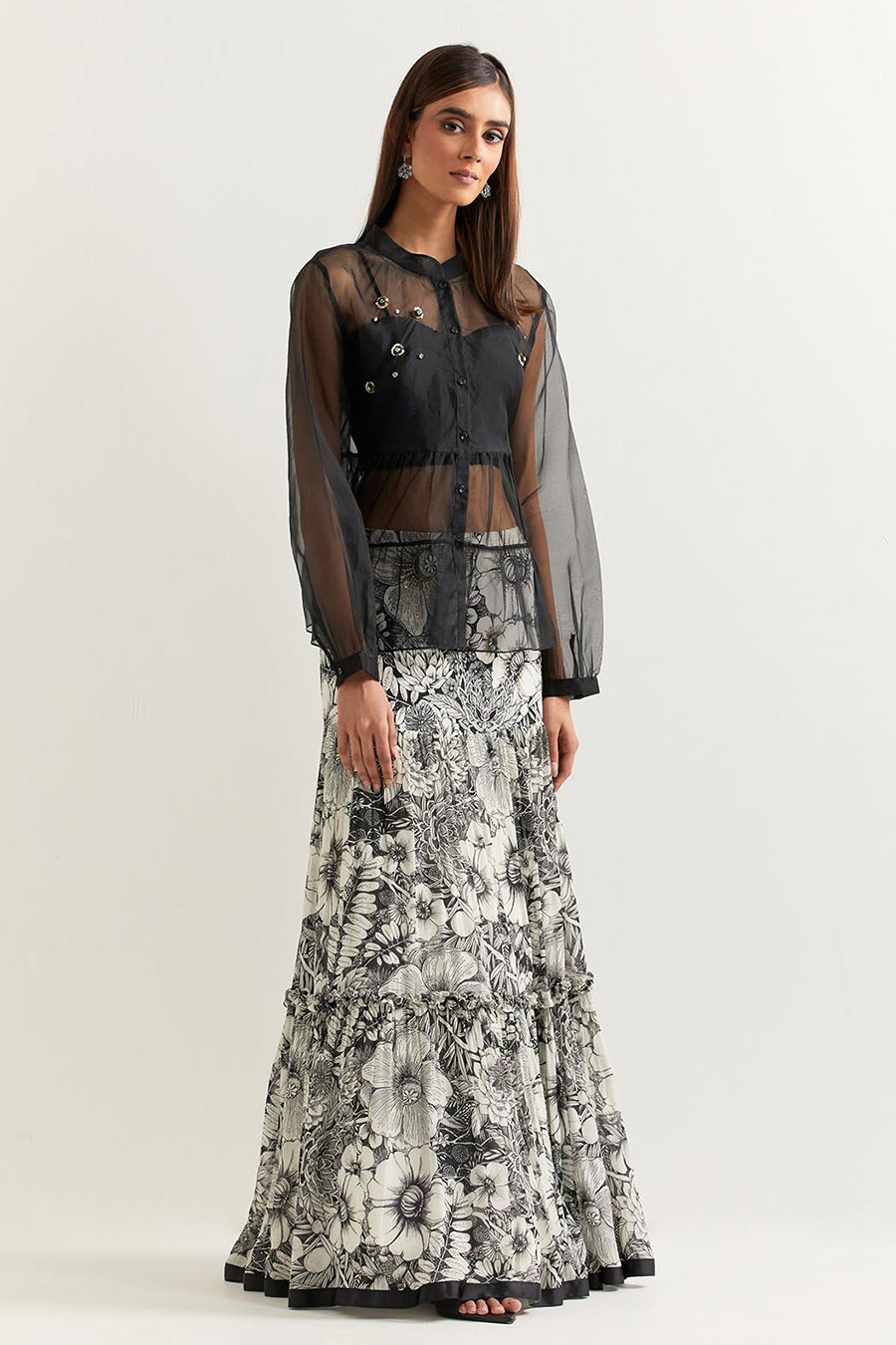 Black Embellished Organza Top With Printed Skirt