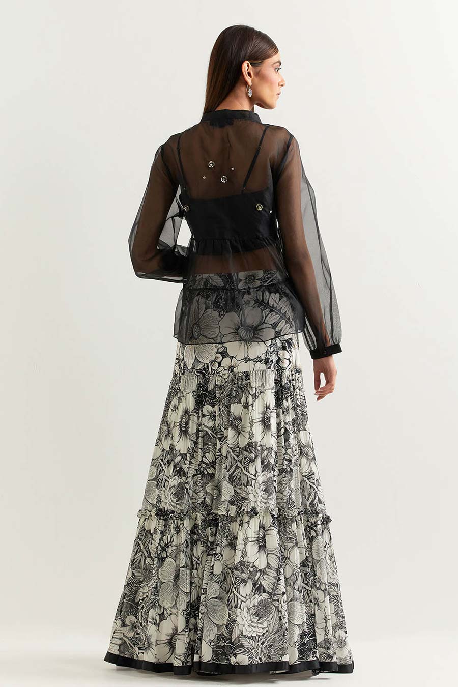 Black Embellished Organza Top With Printed Skirt