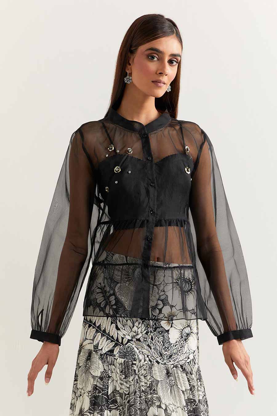 Black Embellished Organza Top With Printed Skirt