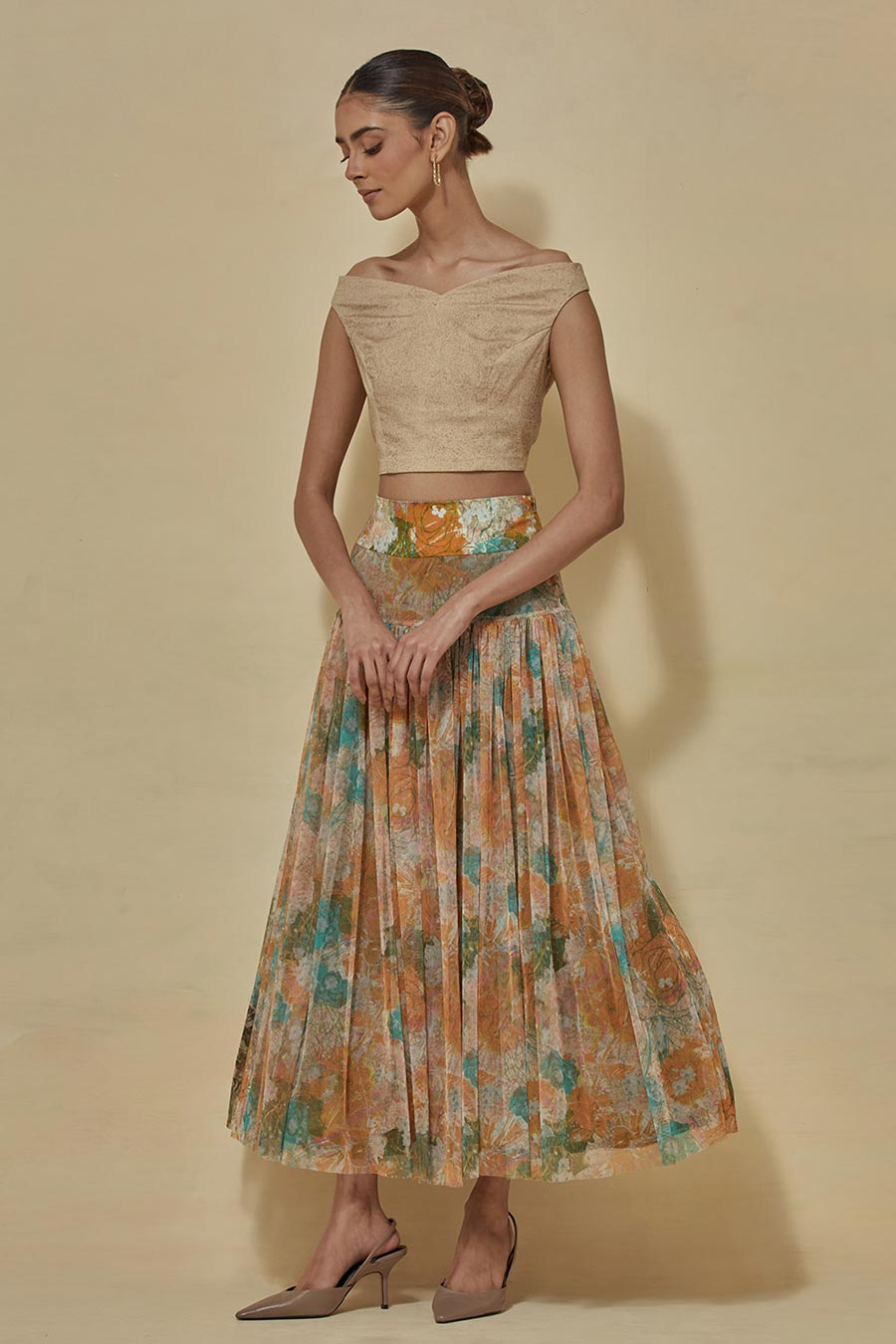 Off-Shoulder Crop Top With Printed Skirt
